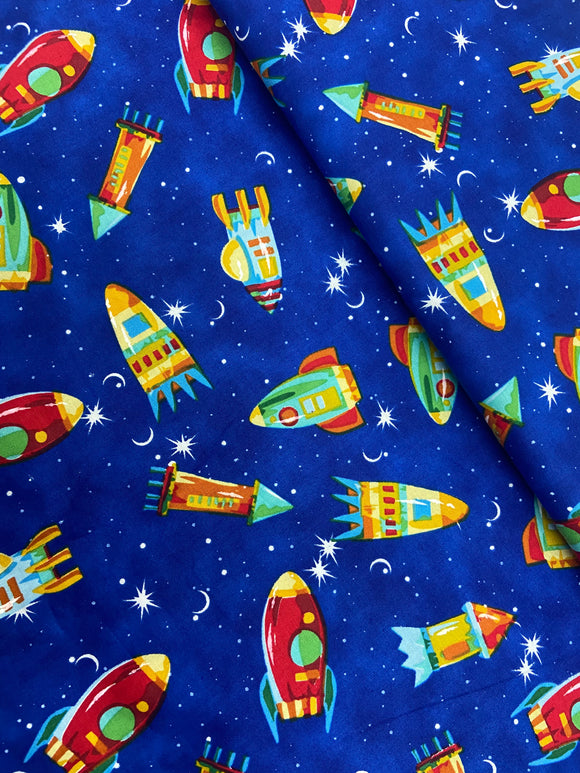 100% Cotton Quilting Fabric Blue Rockets by the 1/2 Yard