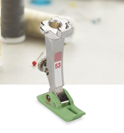 BERNINA Straight Stitch Foot with Non-Stick Sole #53 For all types of straight stitching and for narrow seams Guide lines for seam allowances of 3 and 6 mm Non-stick coating on the sole ensures it slides smoothly For plastic, vinyl, leather, etc.