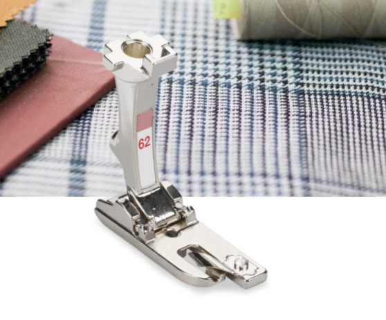 BERNINA Straight Stitch Hemmer #62 Fine hems, sewn quickly Creating double-fold hems using straight stitch This foot saves on work and time For hems with a width of 2 mm For fine materials For optimal results, use the straight-stitch plate