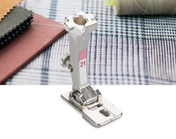 BERNINA Braiding Foot #21 For individual ribbons and cords For couching cords and ribbons up to 3 mm wide. Suitable for utility and decorative stitches For 5.5 mm and 9 mm machines