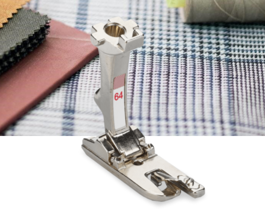 BERNINA Straight Stitch Hemmer #64 Fine hems, sewn quickly Creating double-fold hems using straight stitch This foot saves on work and time For hems with a width of 4 mm For fine materials For optimal results, use the straight-stitch plate