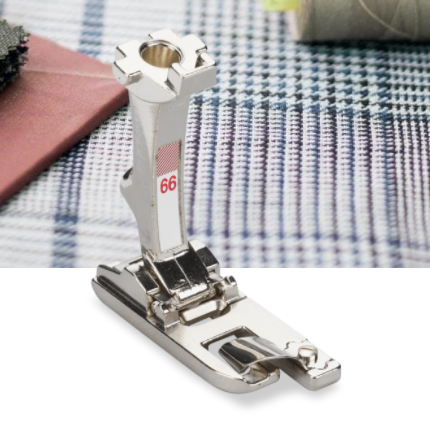 BERNINA Zigzag Hemmer #66 Decorated hems, sewn quickly Creating double-fold hems using a zigzag or decorative stitch This foot saves on work and time For hems with a width of 6 mm For medium-weight materials For 5.5 mm and 9 mm machines
