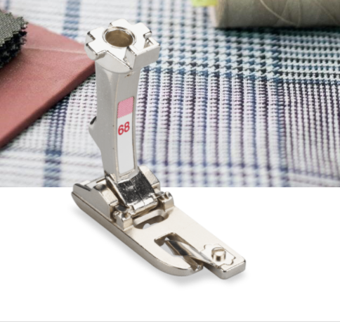 BERNINA Roll and Shell Hemmer #68 Beautiful hems for stretch materials Creating double-fold hems using an overlock stitch This foot saves on work and time For hems with a width of 2 mm For soft and stretch materials For 5.5 mm and 9 mm machines